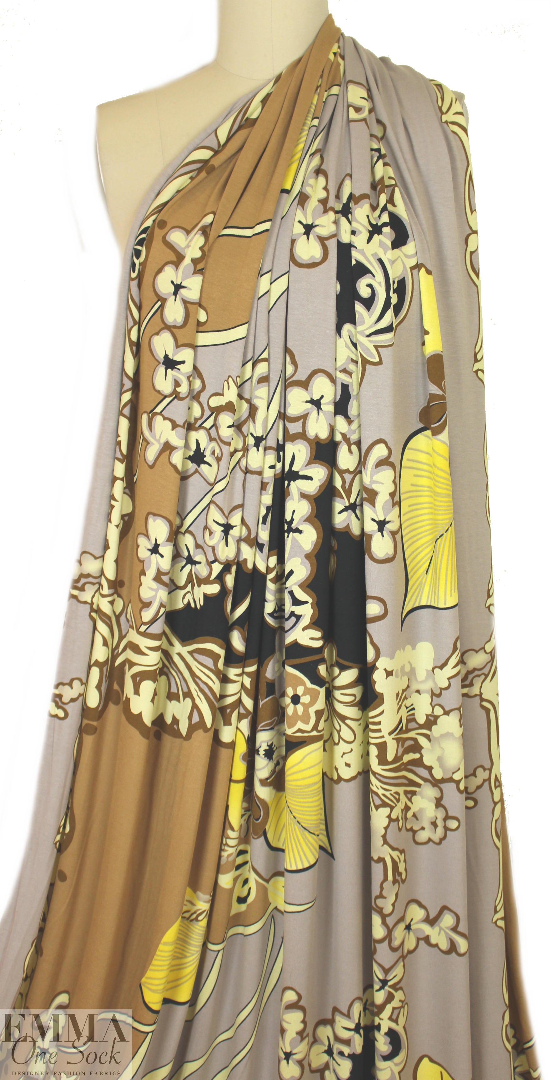Italian digital viscose knit - cocoa/lemon floral 1.5 yd