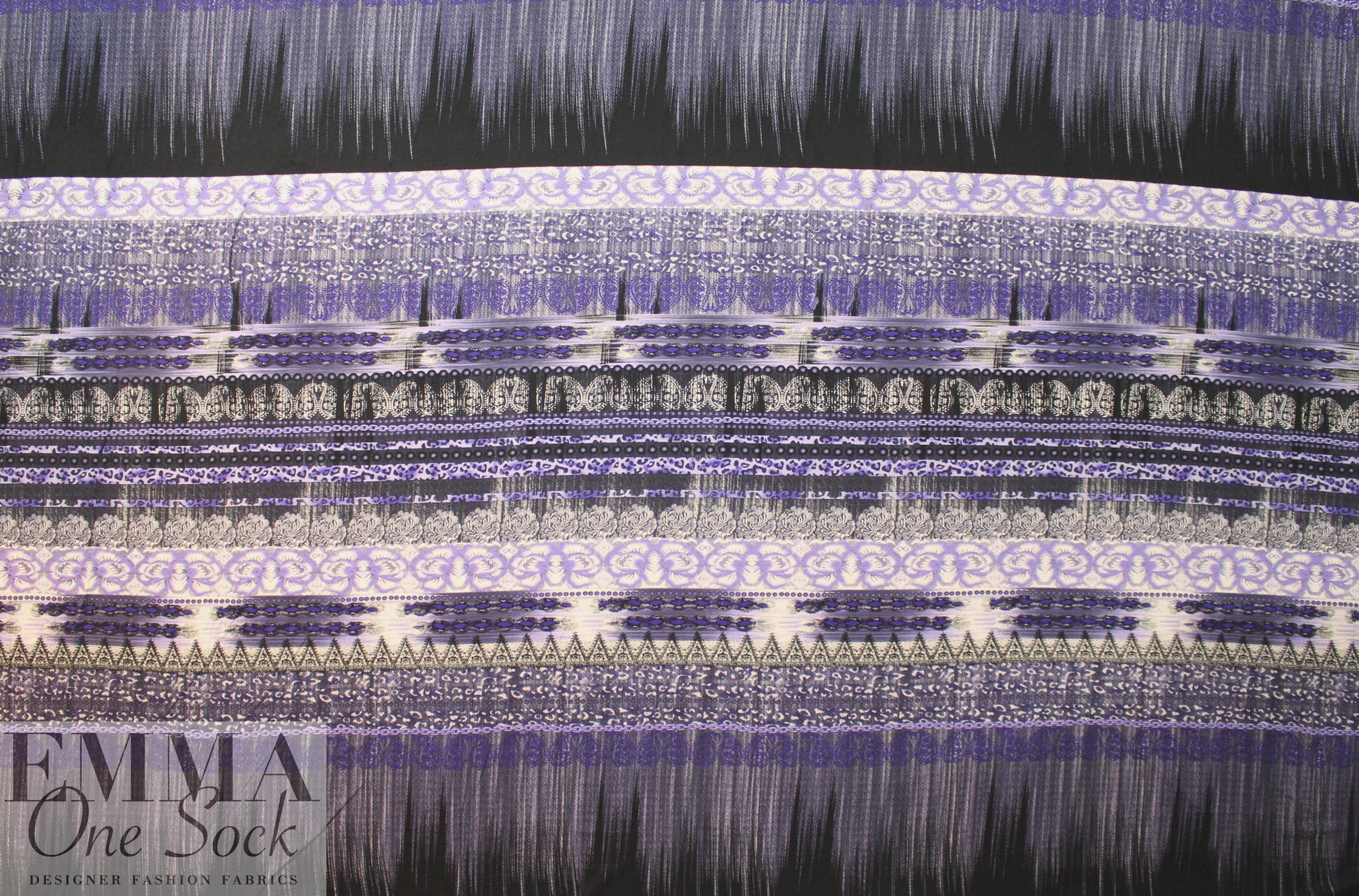 Italian digital viscose knit - grape/off black panel .75 yds