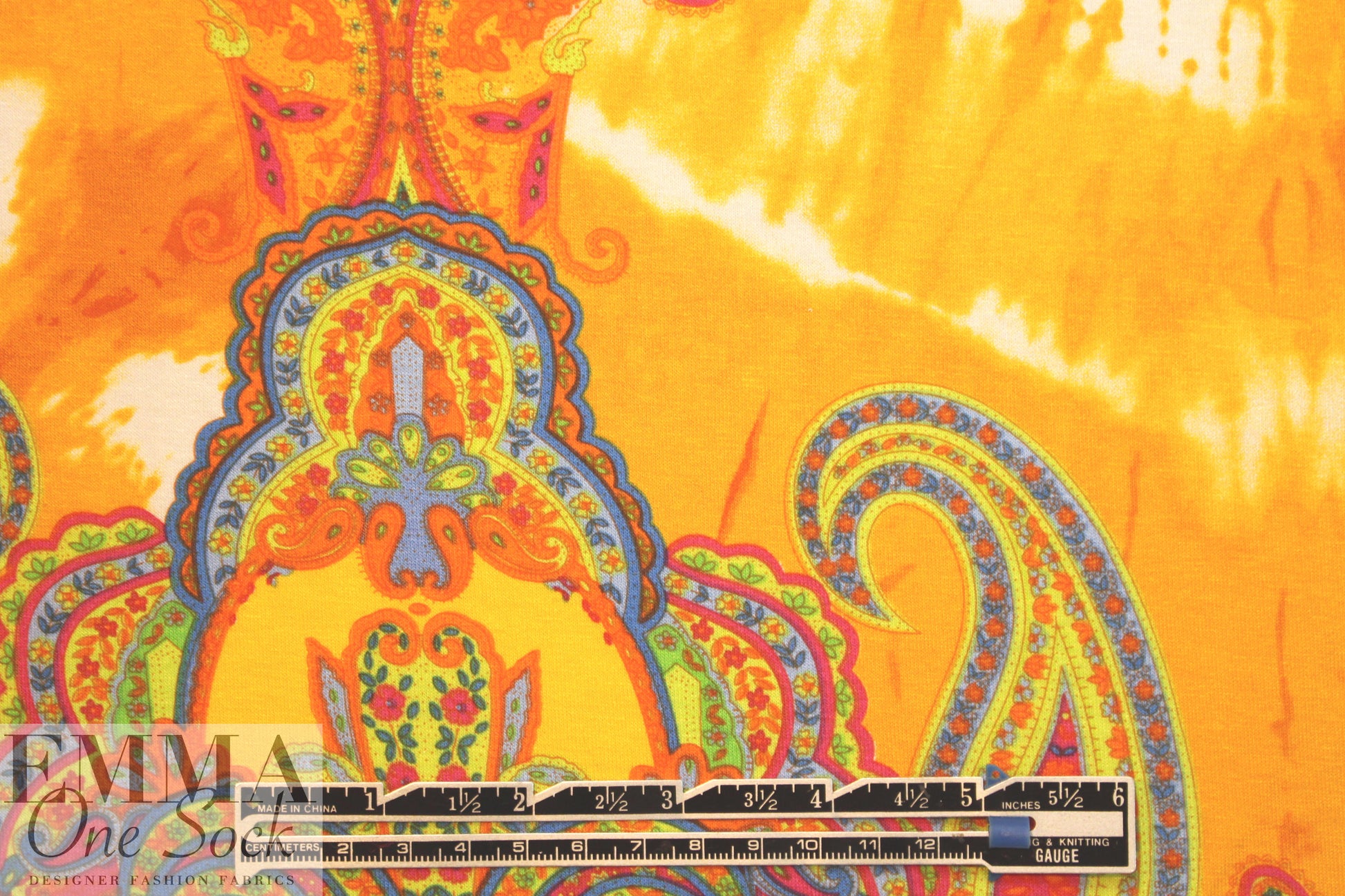 Italian digital viscose knit - citrus/sky tie dye paisley 2 yd