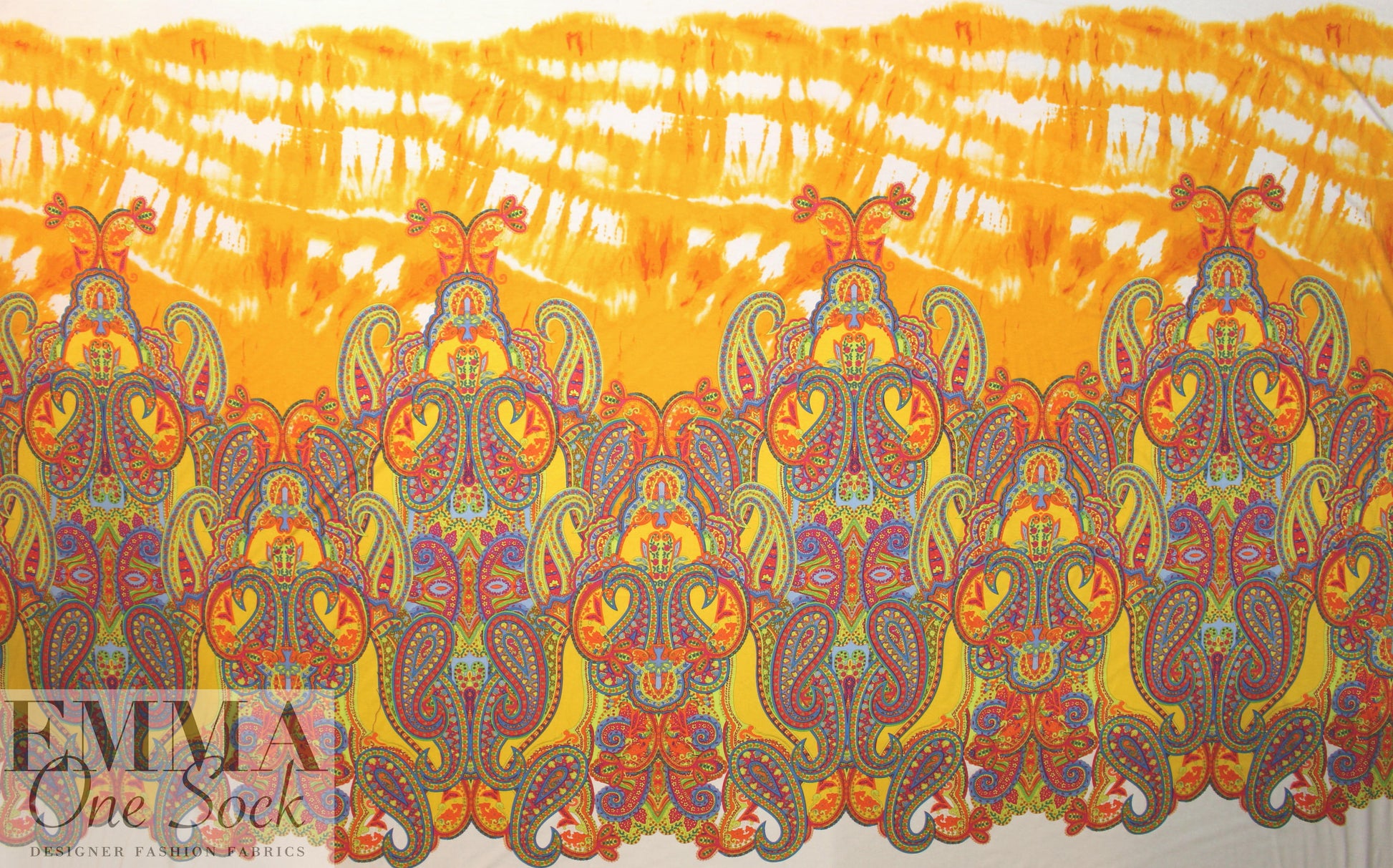 Italian digital viscose knit - citrus/sky tie dye paisley