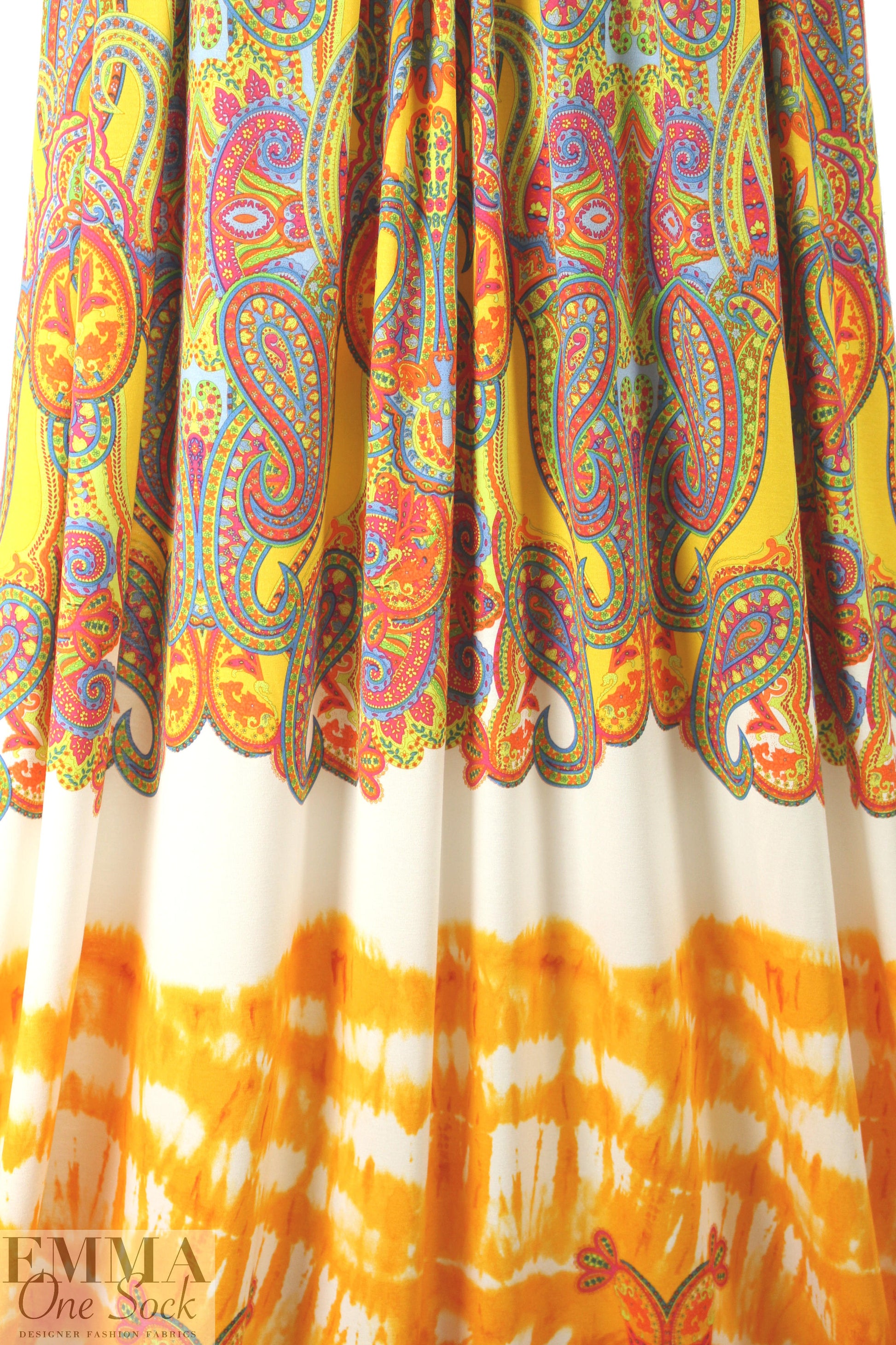 Italian digital viscose knit - citrus/sky tie dye paisley 2 yd