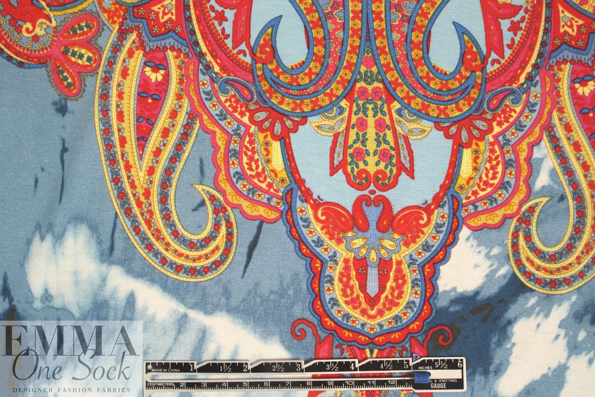 Italian digital viscose knit - blue/red tie dye paisley