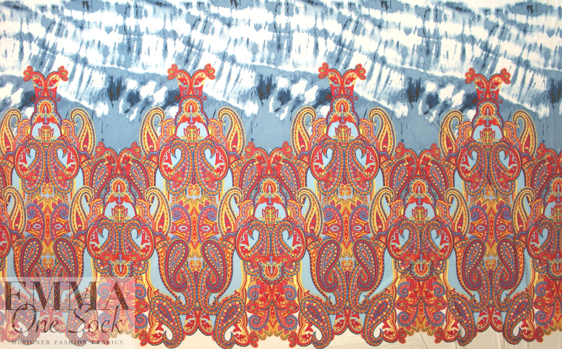 Italian digital viscose knit - blue/red tie dye paisley 2 yd