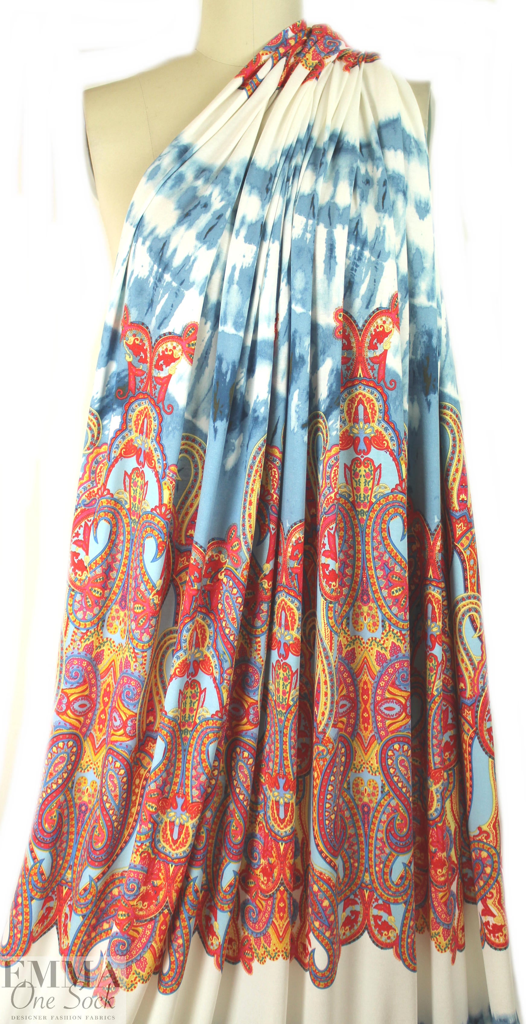 Italian digital viscose knit - blue/red tie dye paisley