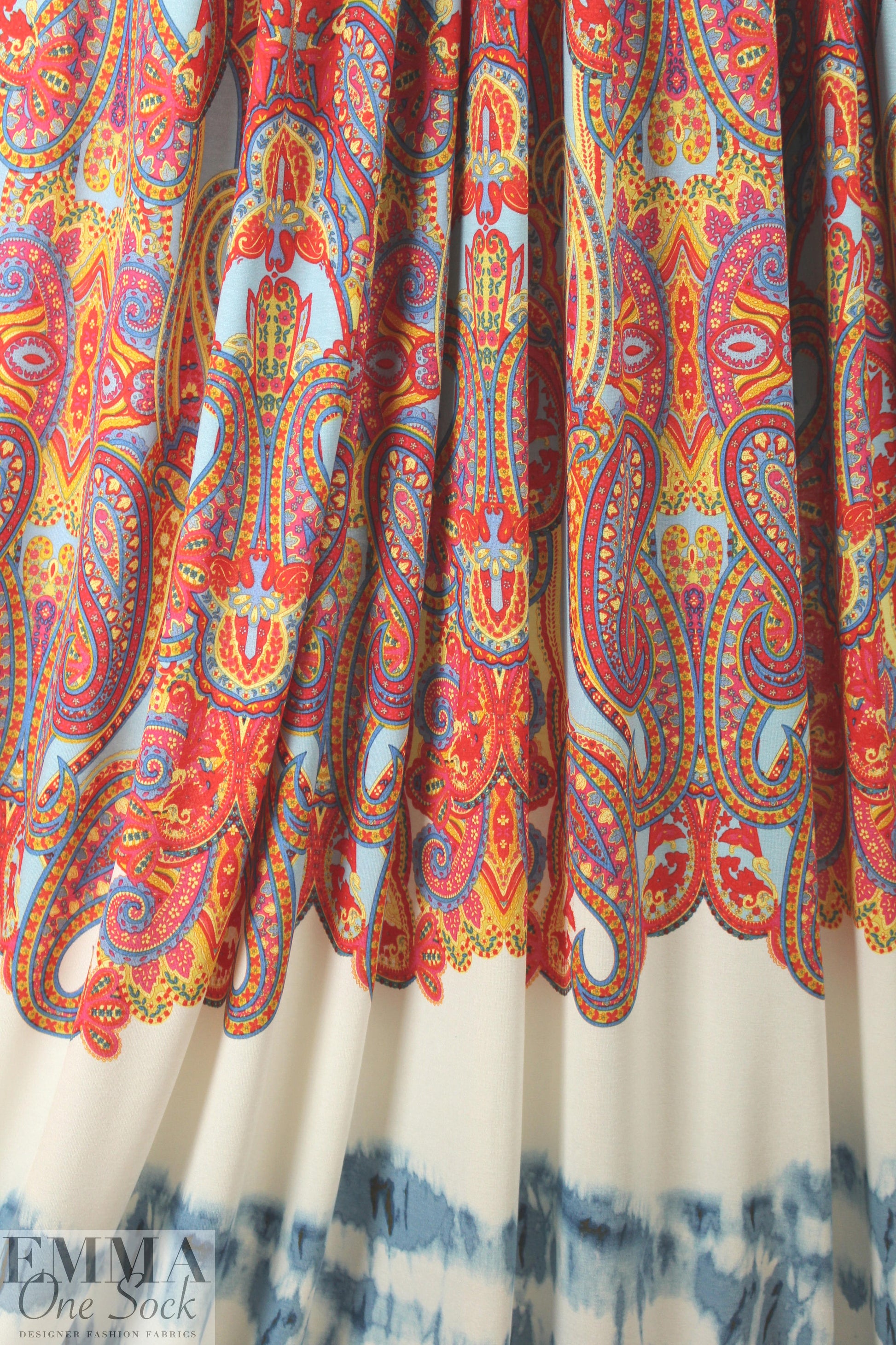 Italian digital viscose knit - blue/red tie dye paisley
