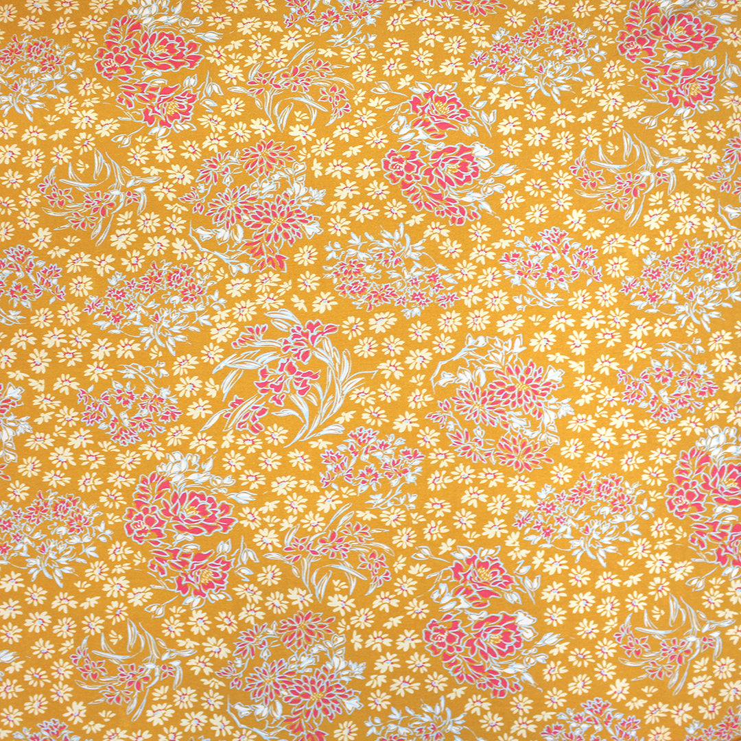 CA designer 'butterscotch blooms' printed rayon/spandex knit 1.5 yd