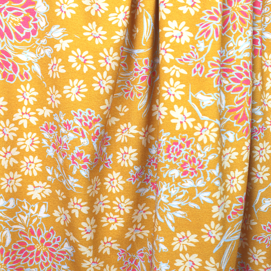 CA designer 'butterscotch blooms' printed rayon/spandex knit 1.75 yd