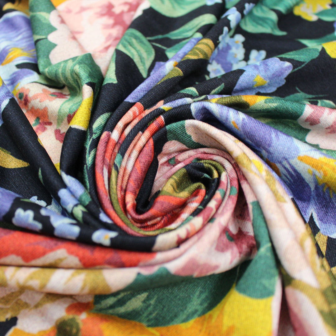 CA designer 'blooms ï¿½ la mode' printed rayon/spandex knit 1.75 yd