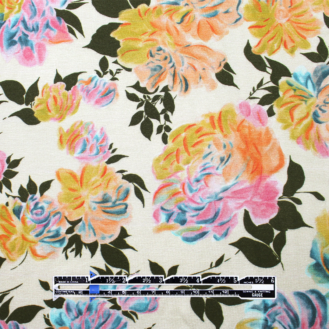CA designer 'apricot blooms' printed rayon/spandex knit 1.75 yd