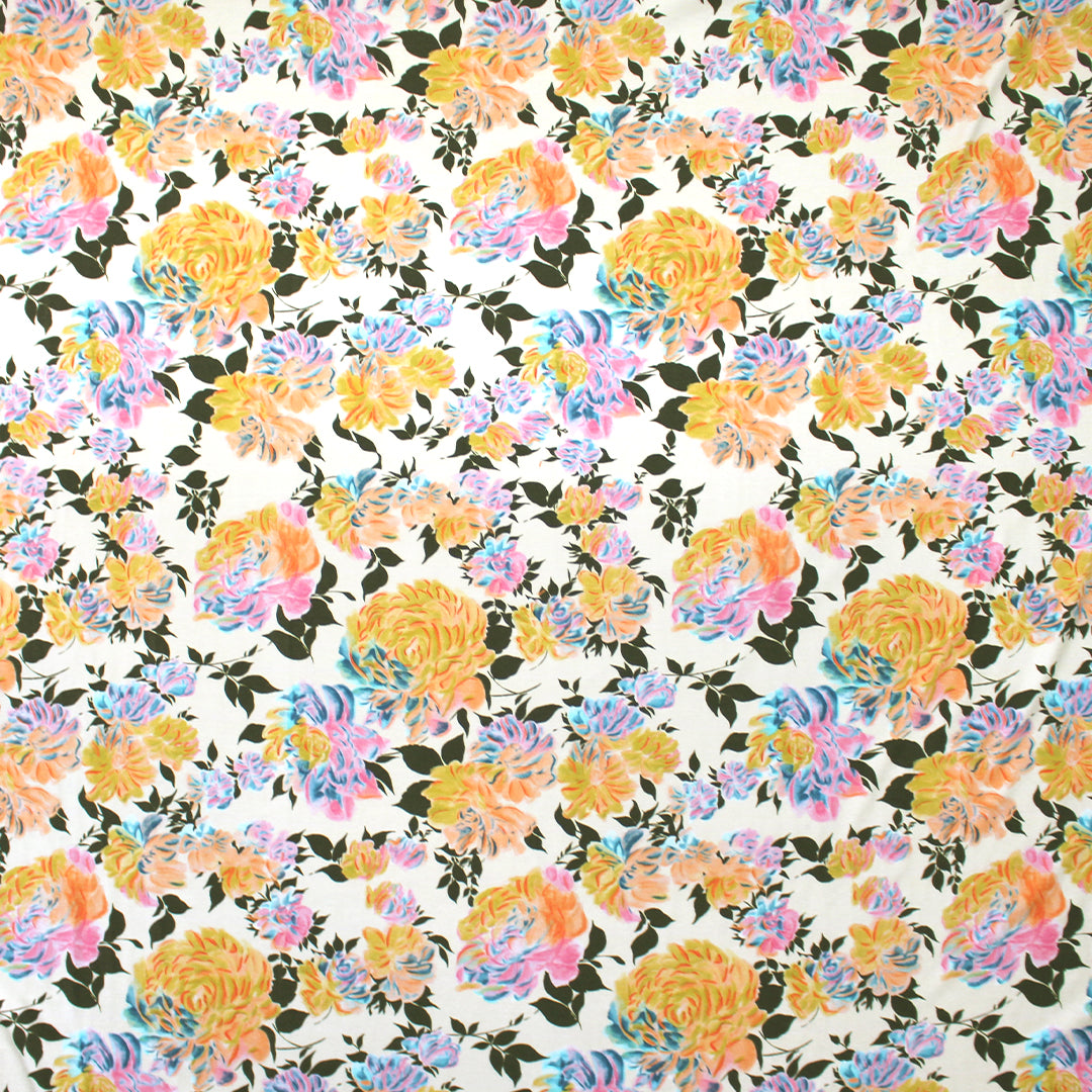 CA designer 'apricot blooms' printed rayon/spandex knit .875 yds
