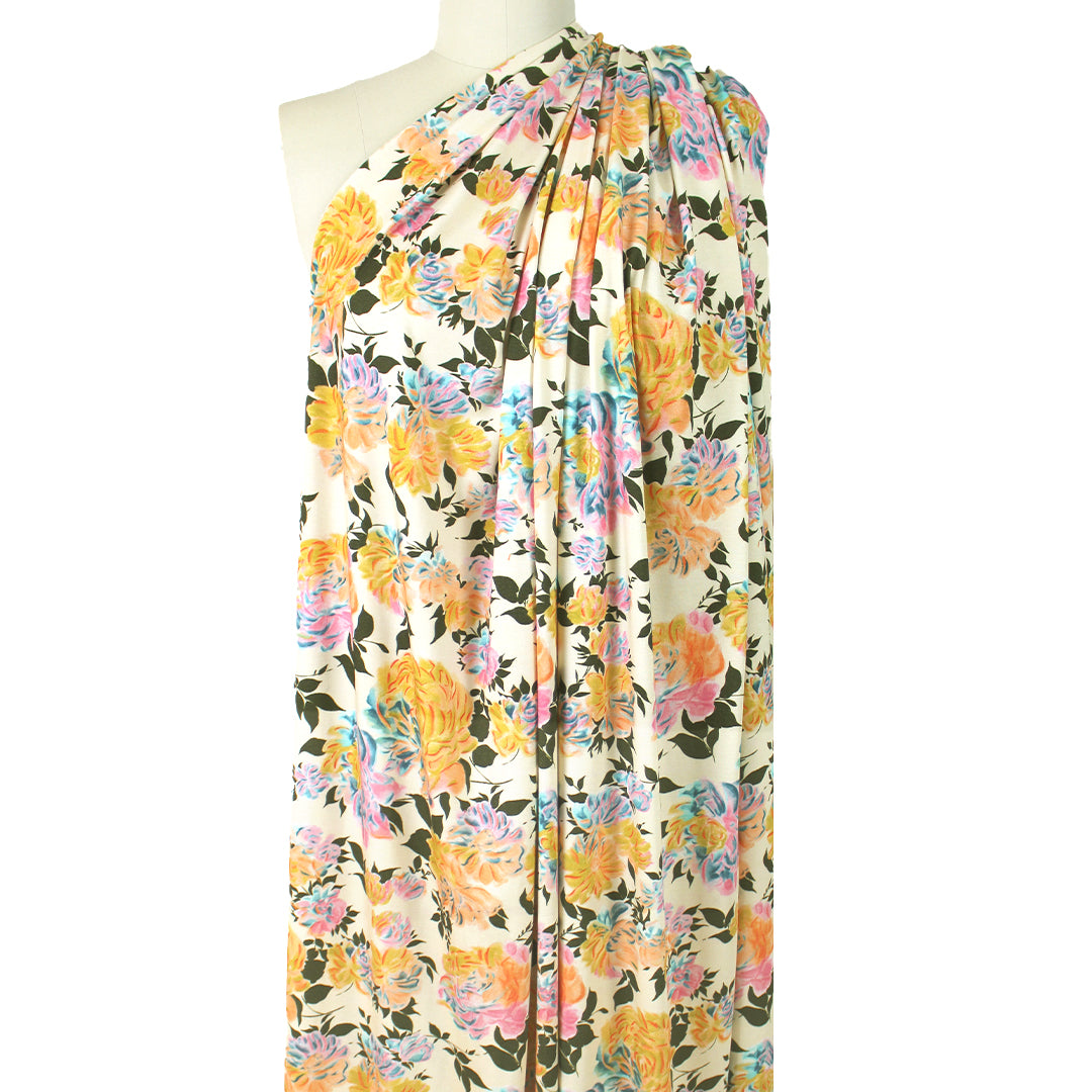 CA designer 'apricot blooms' printed rayon/spandex knit 2 yd