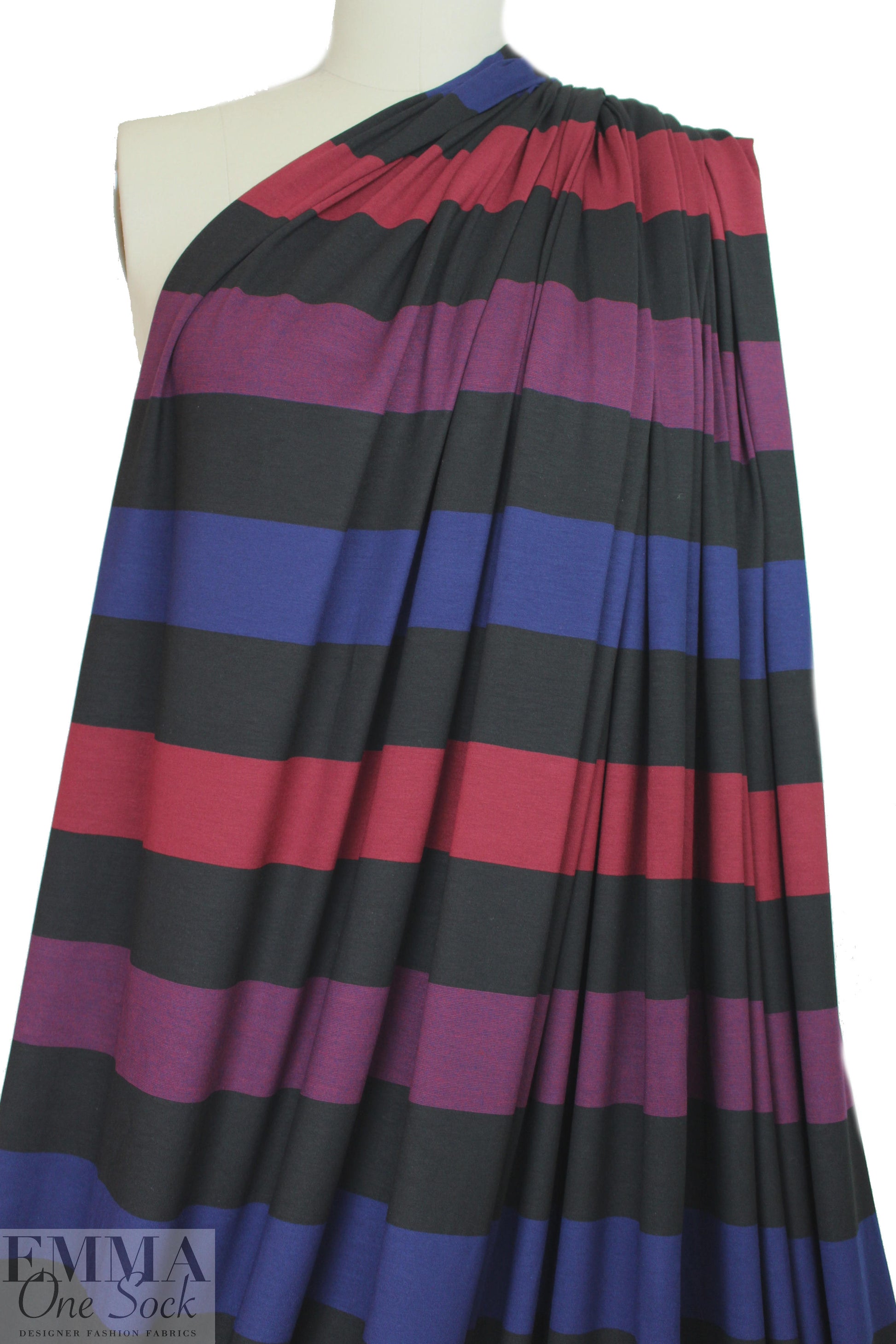 French wide stripe viscose/span knit - indigo/brick