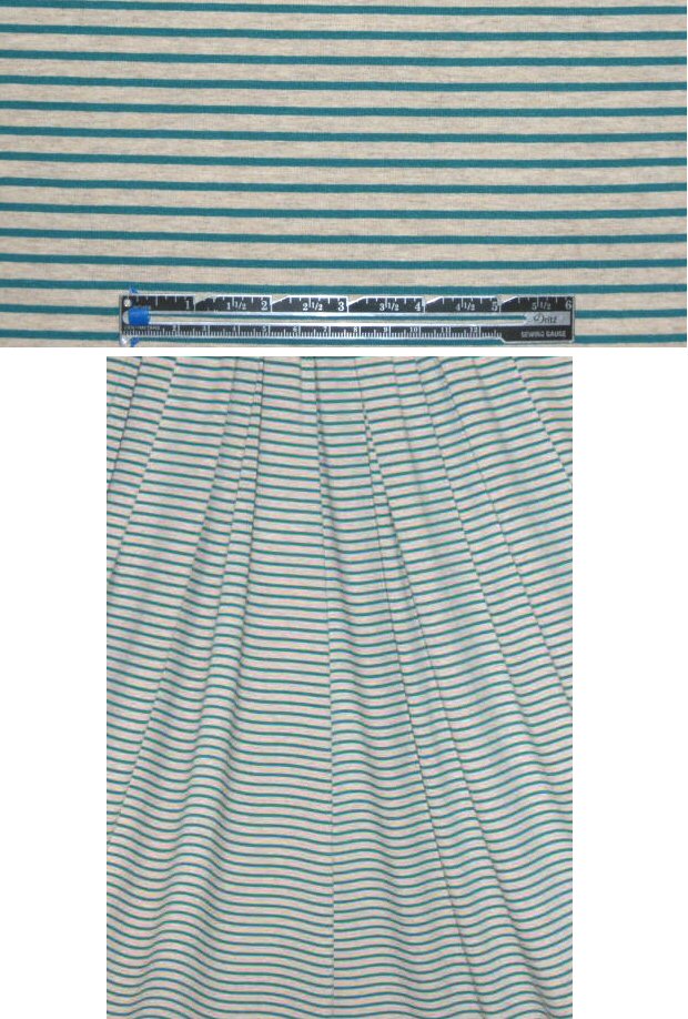 CA designer teal/oatmeal thin stripe rayon/lycra knit 1.5 yd