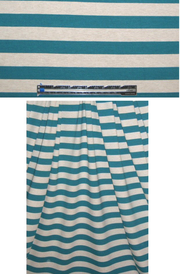 CA designer teal/oatmeal stripe rayon/lycra knit 2.25 yd