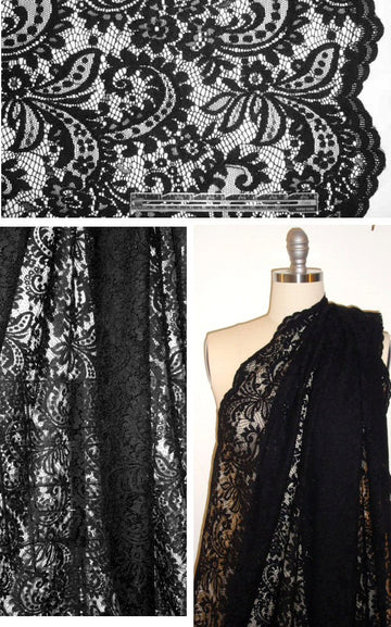 Thai double scallop nylon cotton re-emb. lace - black 2 yd