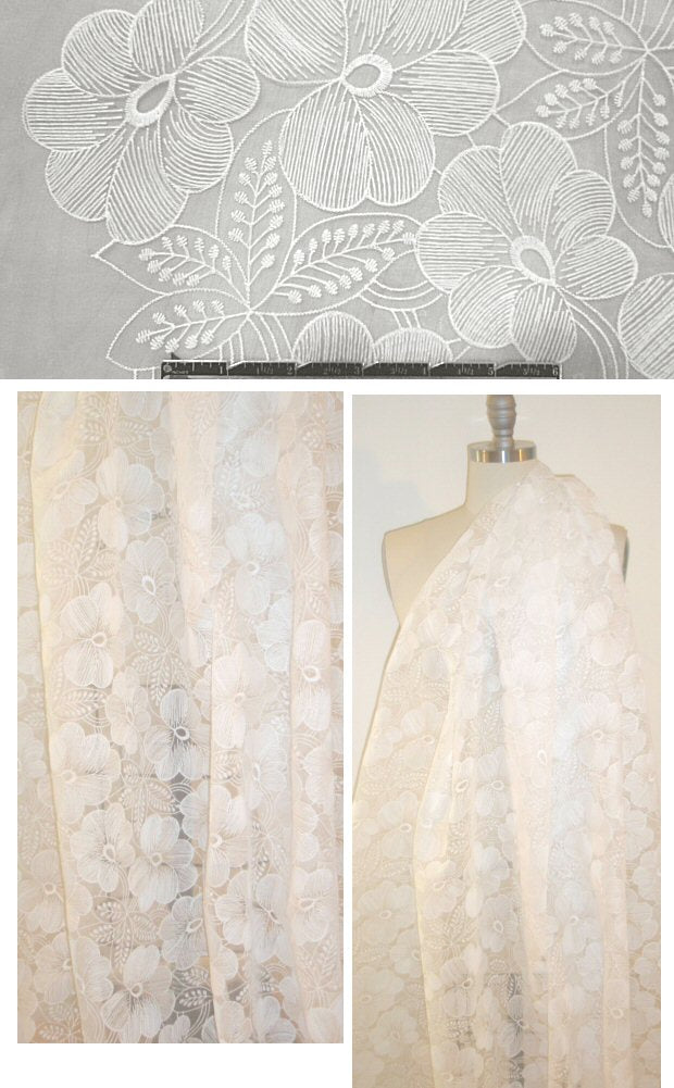 floral embroidered cotton/poly organza woven - white 2 yds