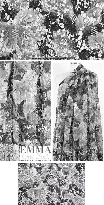 shades of gray over-printed floral guipure lace 1.875 yd