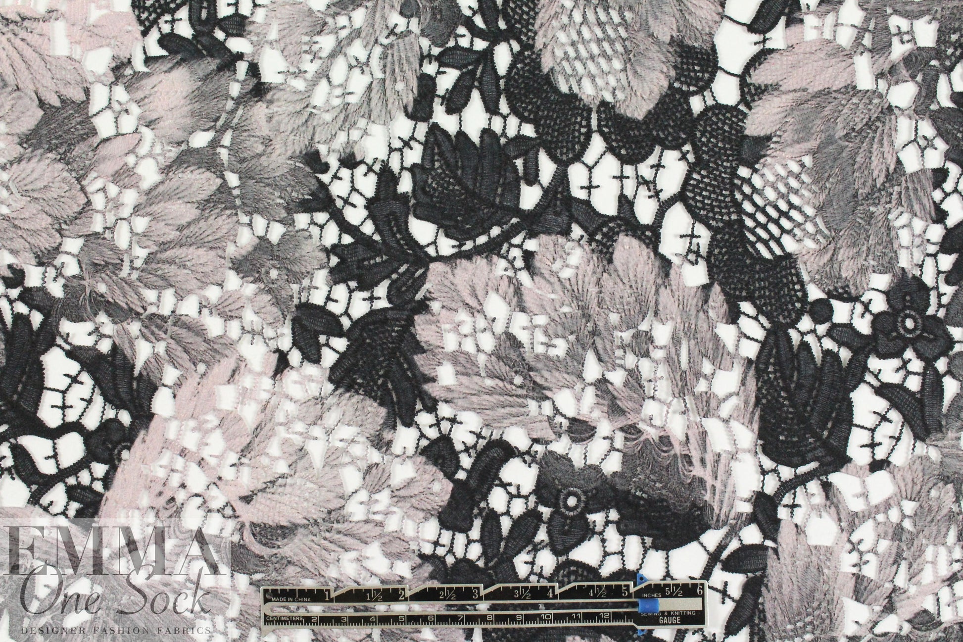 shades of gray over-printed floral guipure lace