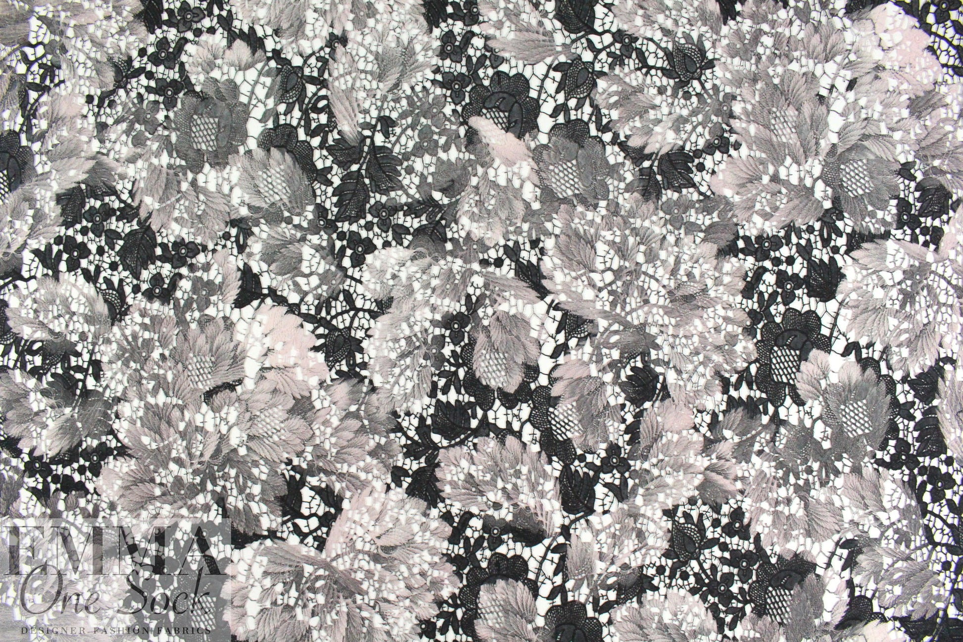 shades of gray over-printed floral guipure lace 1.375 yds