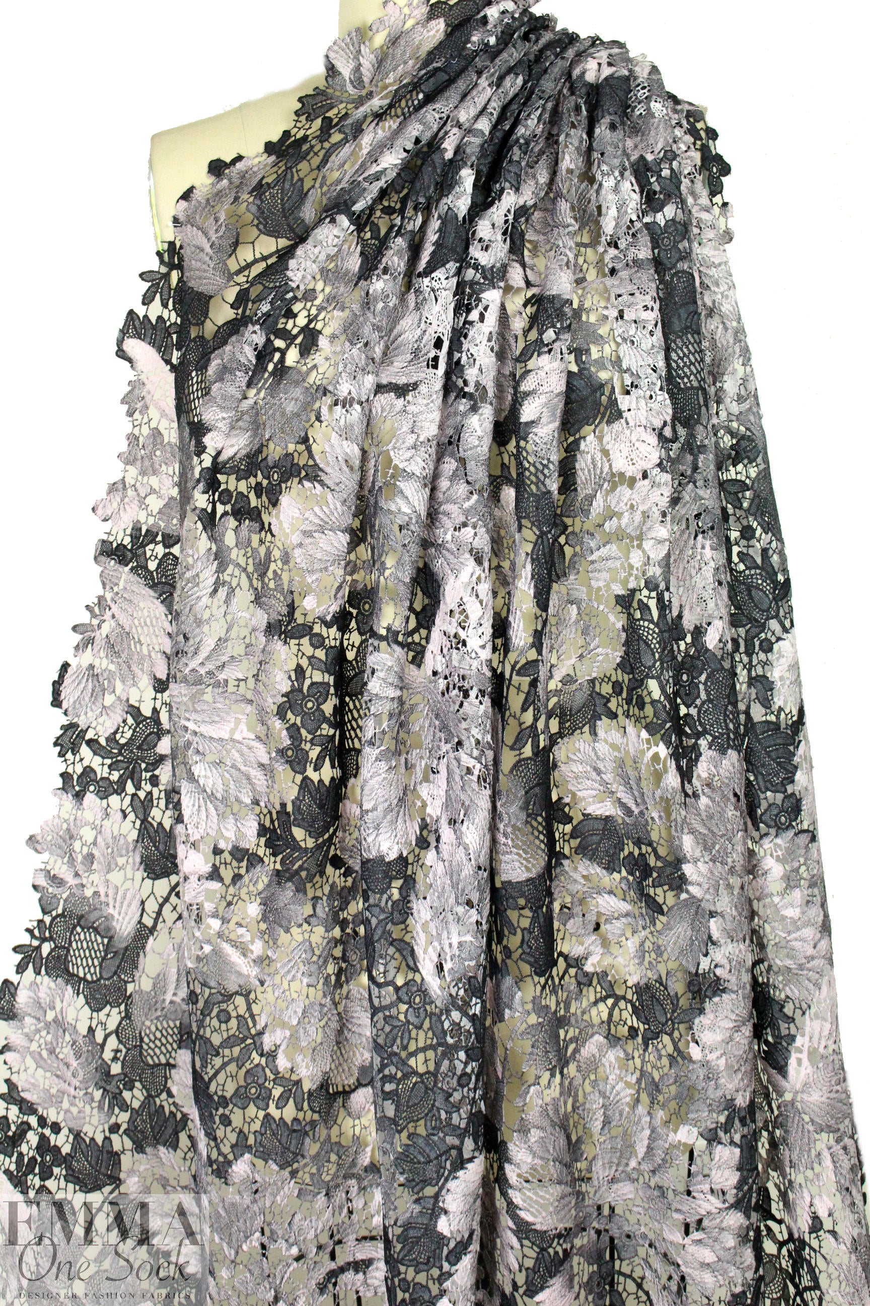 shades of gray over-printed floral guipure lace