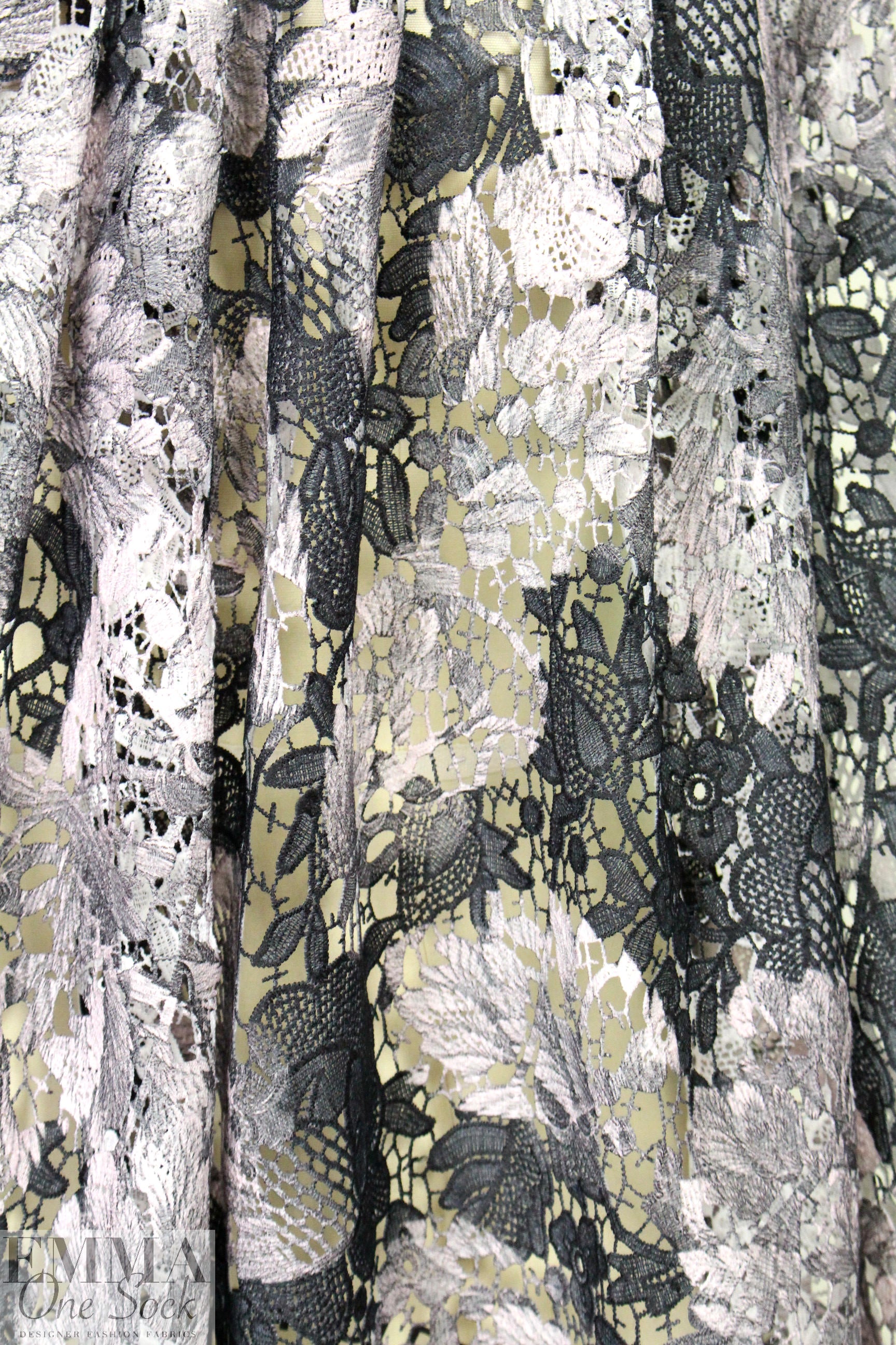 shades of gray over-printed floral guipure lace 1.375 yd