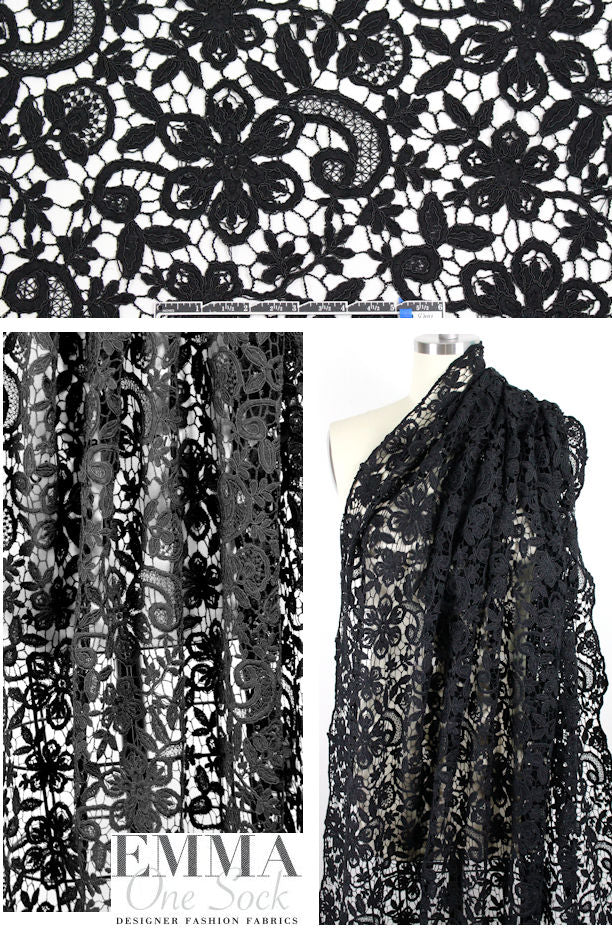 reembroidered double scallop floral lace - black 1.875 yd