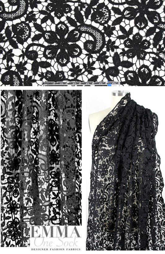 reembroidered double scallop floral lace - black 1.75 yd