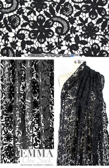 reembroidered double scallop floral lace - black 2 yd