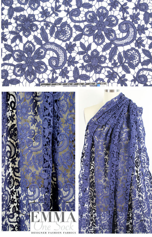 reembroidered double scallop floral lace - navy