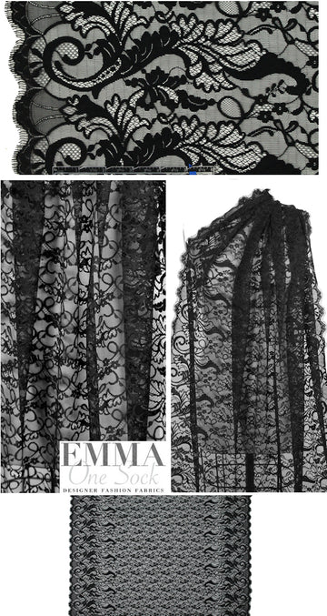 French double scalloped floral design lace - black 1 yard
