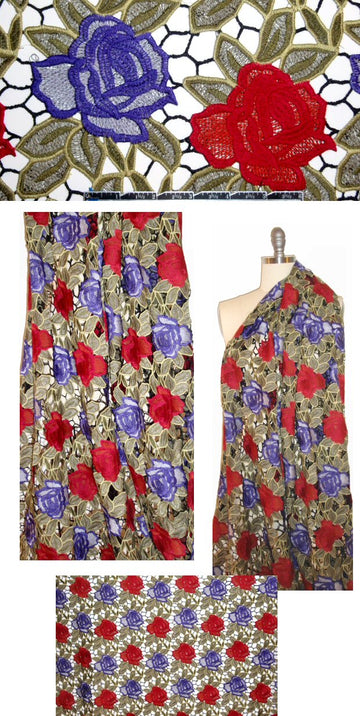 A1ice & 01ivia floral guipure lace - red/green/purple 1.25 yd