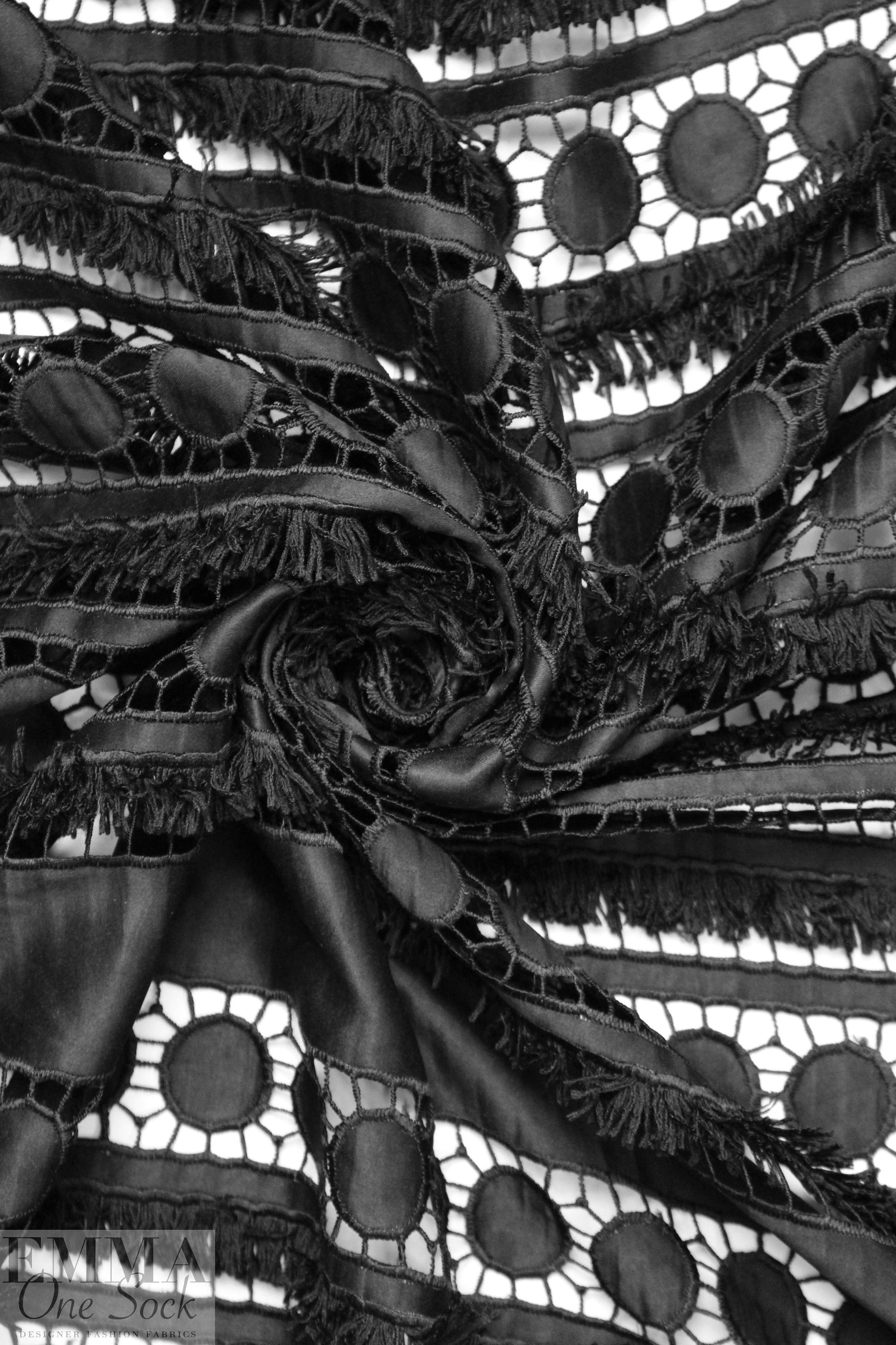 CA designer black fringed guipure lace woven