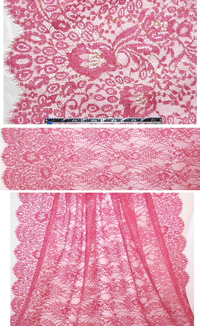 CA designer double scalloped floral met. lace - pink 1 yard