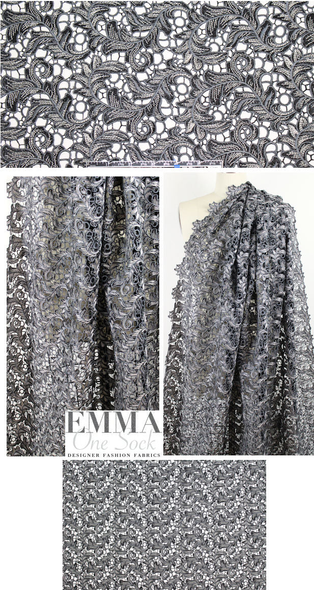CA designer reembroidered guipure lace - black/gray 1.125 yds