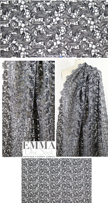 CA designer reembroidered guipure lace - black/gray 1.125 yds