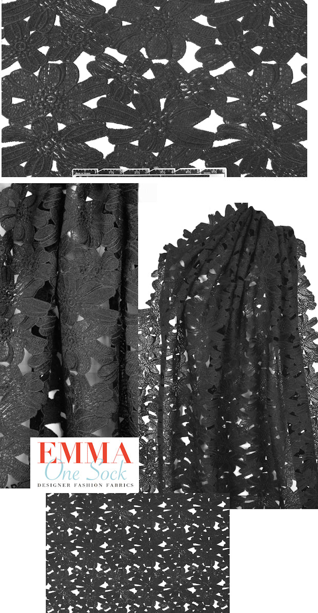 Italian glazed look black guipure lace 1.33 yd