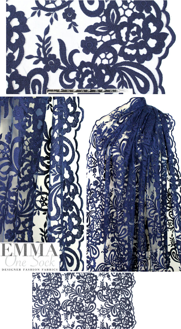 Tahar! double scallop embroidered mesh lace - navy