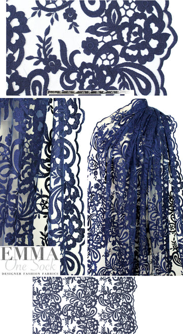 Tahar! double scallop embroidered mesh lace - navy