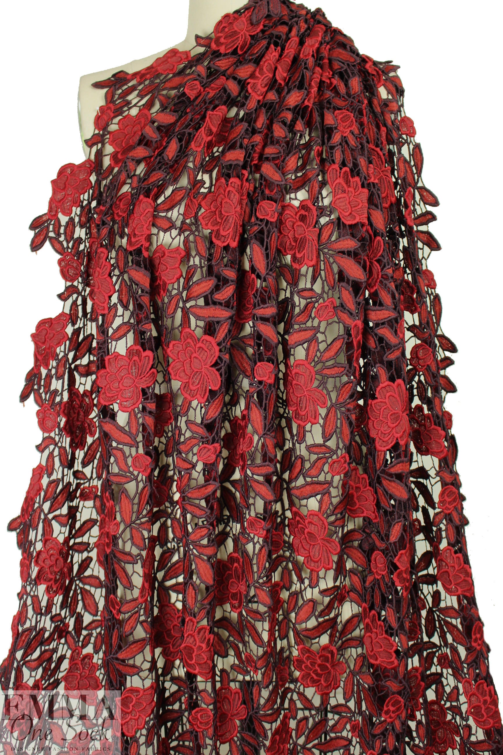 designer floral guipure lace - burgundy/valentino