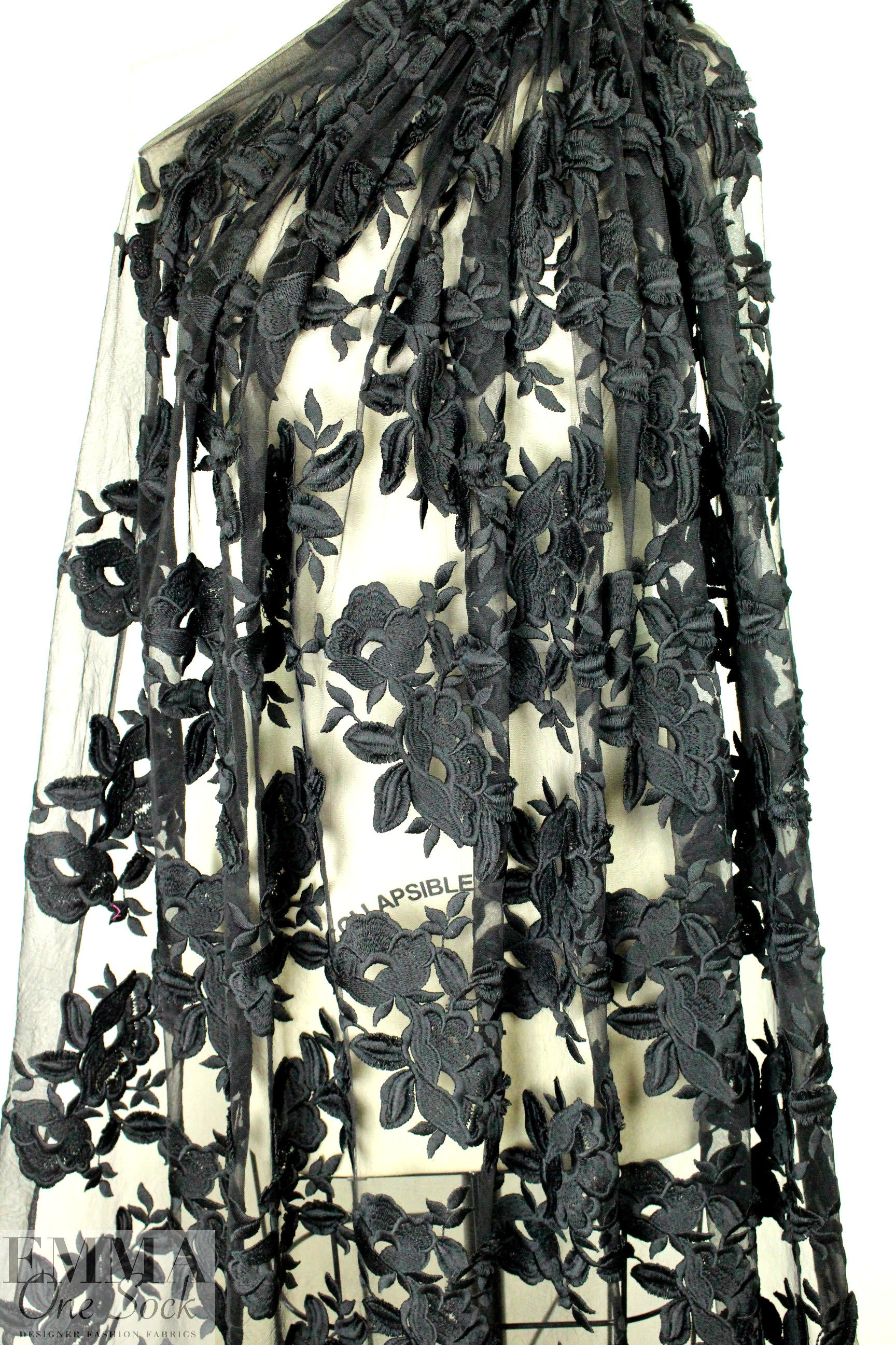 famous designer black 3-D floral applique' tulle lace .66 yds