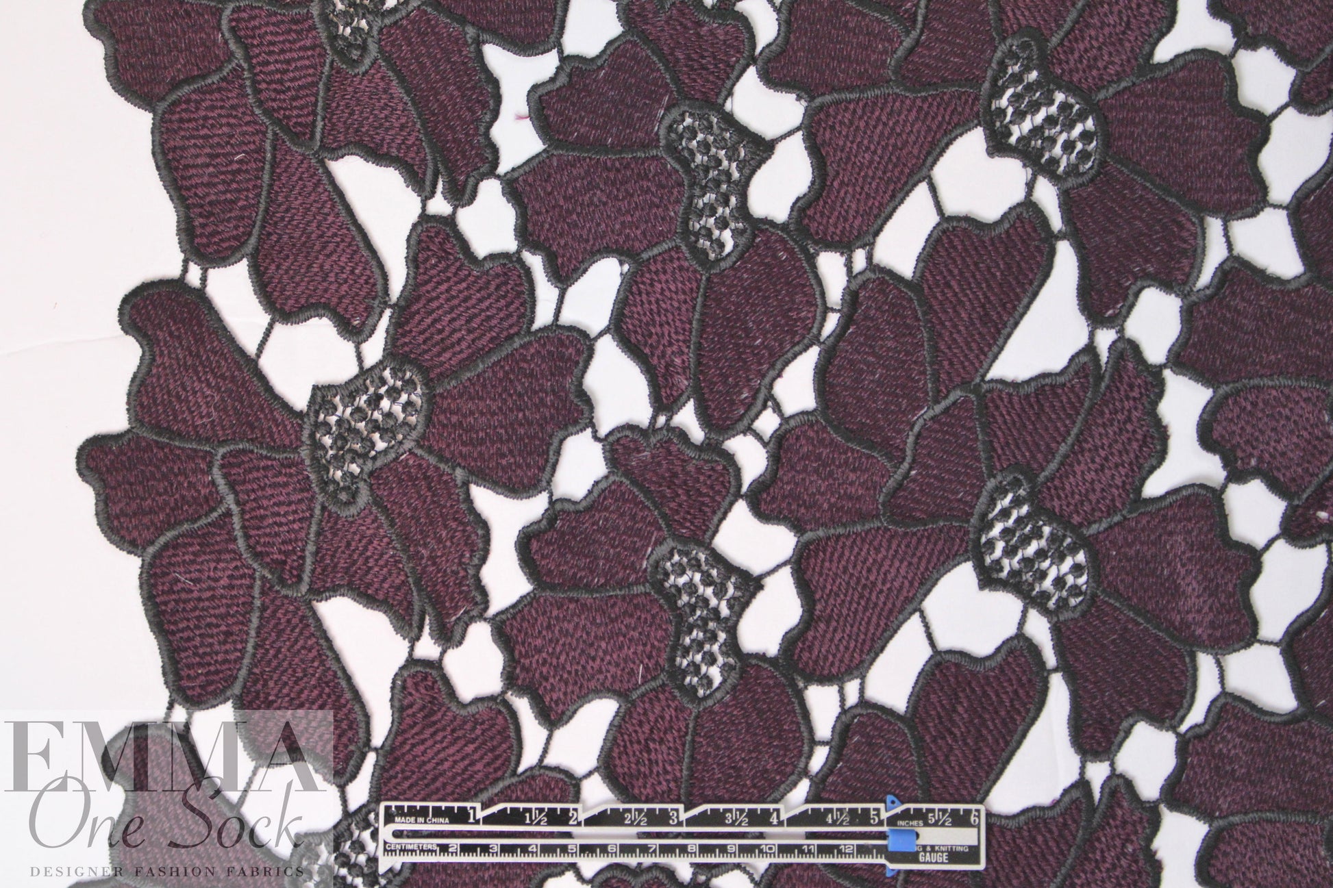 NY designer floral guipure lace - plum/black