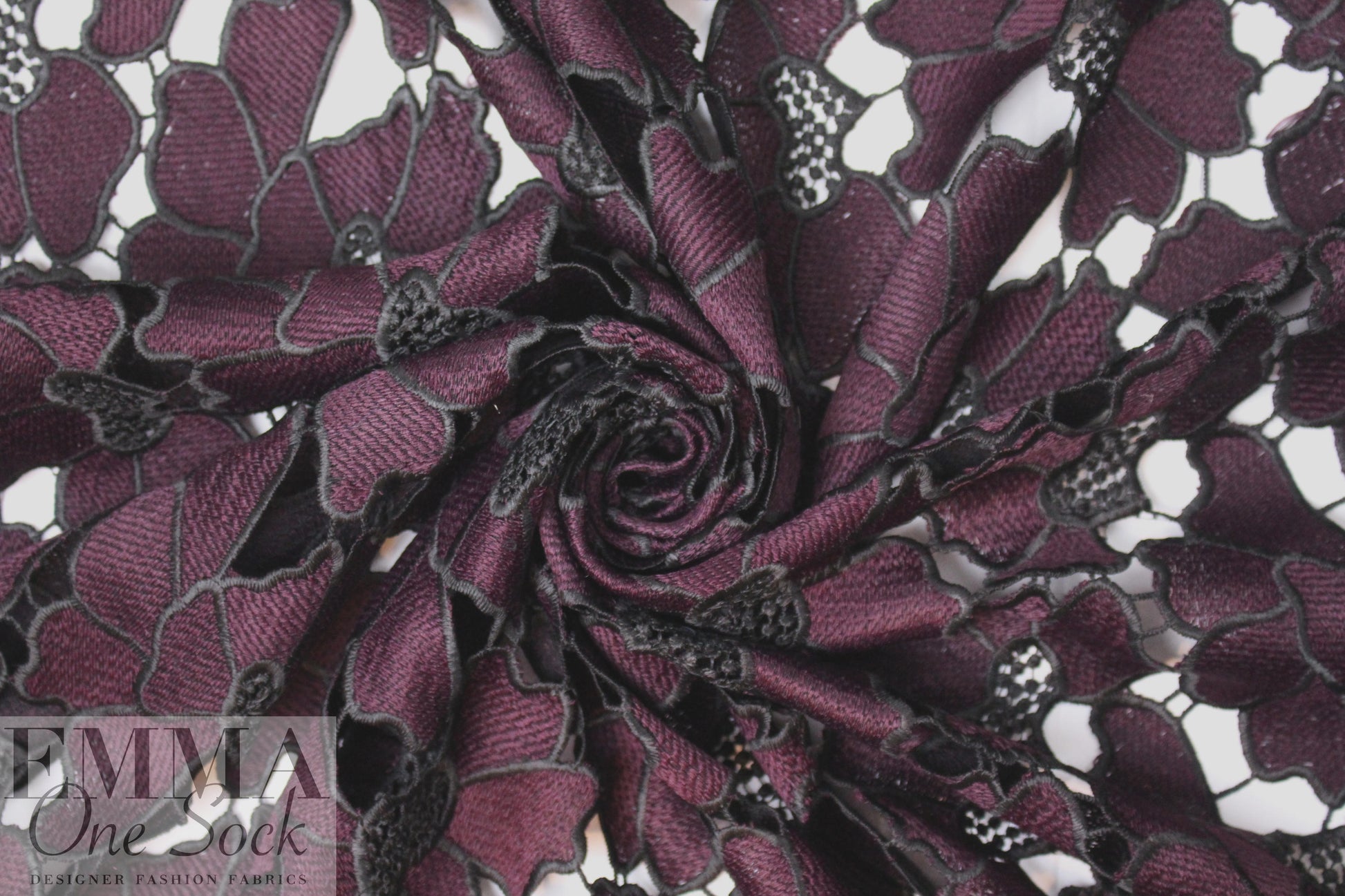 NY designer floral guipure lace - plum/black