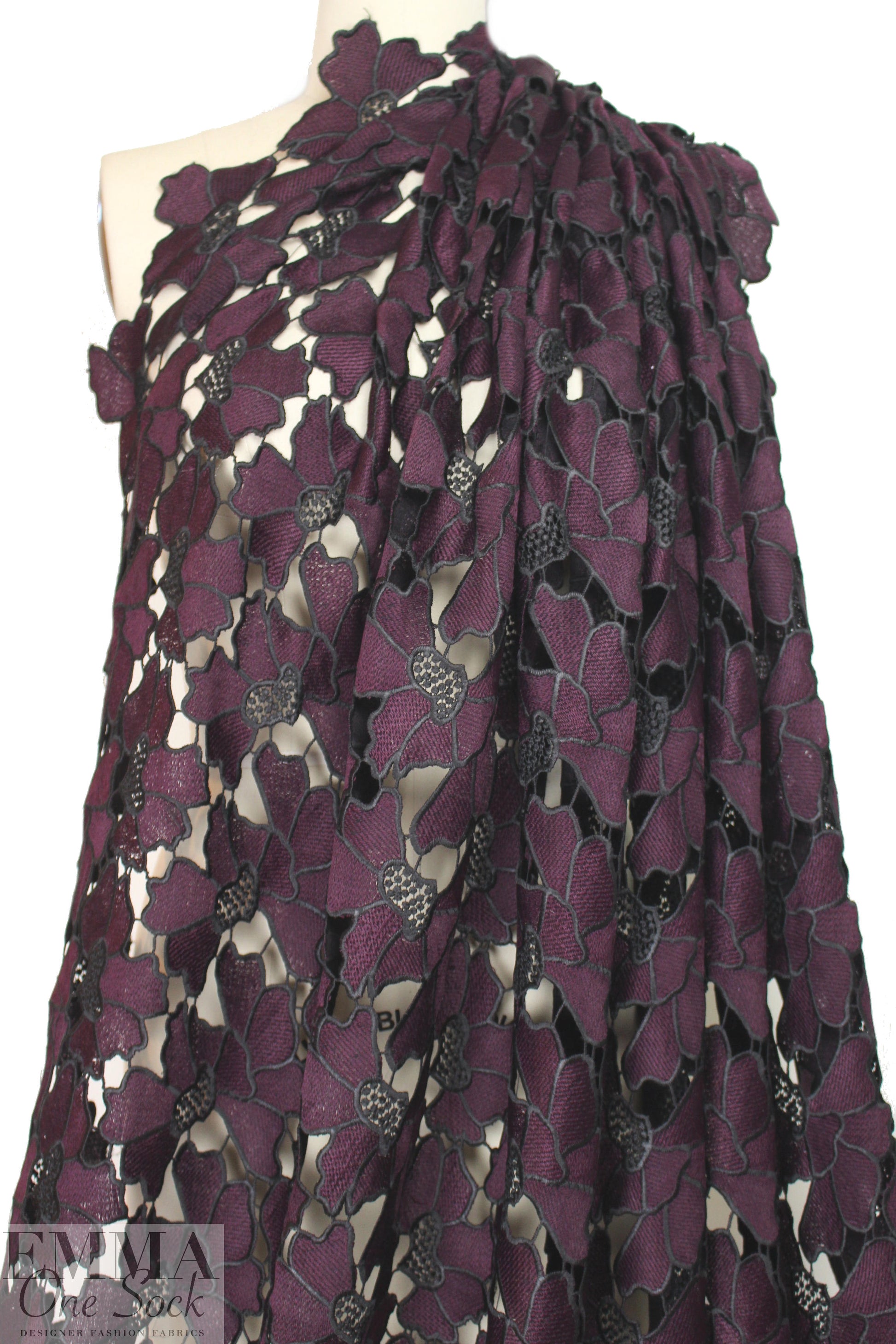 NY designer floral guipure lace - plum/black