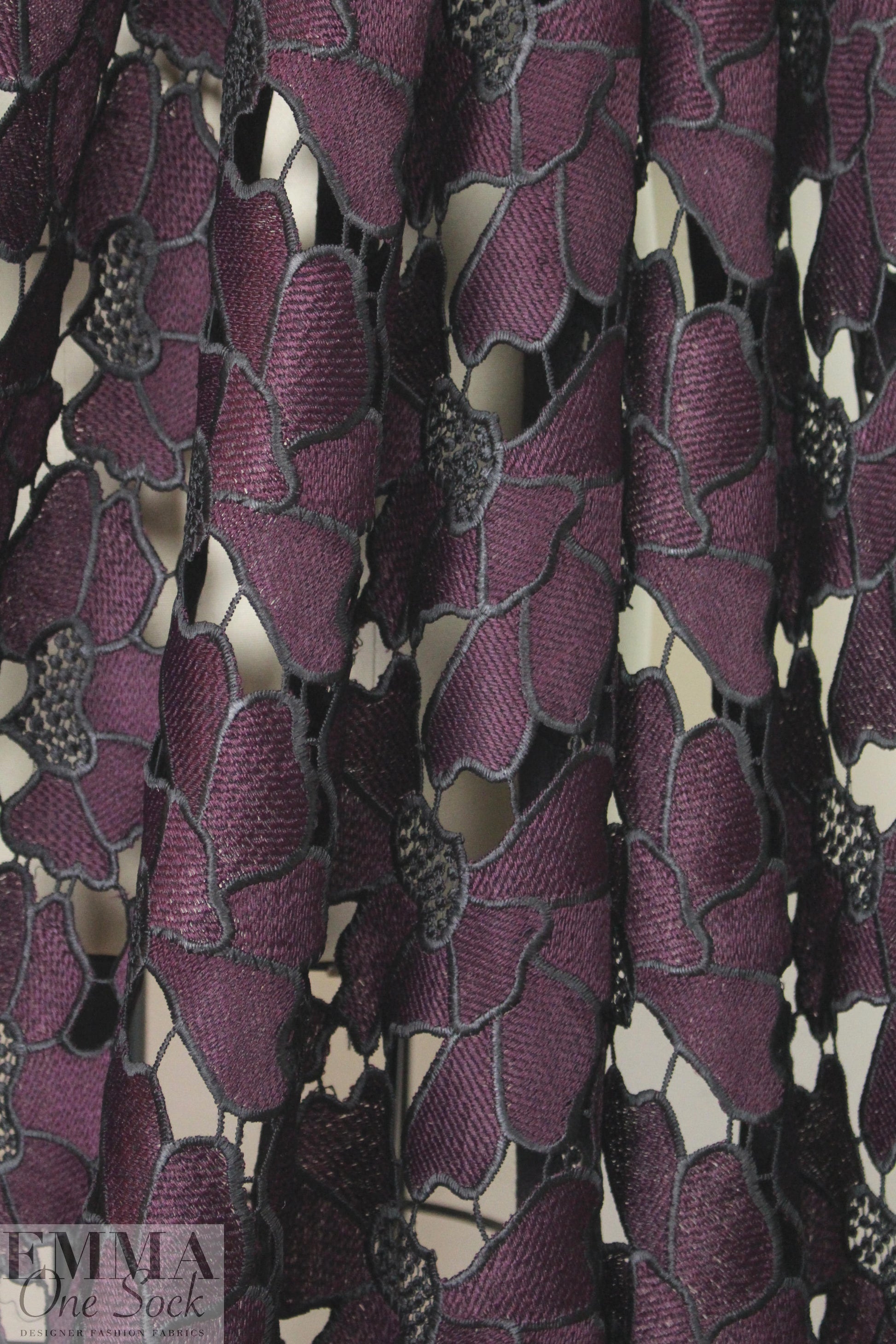 NY designer floral guipure lace - plum/black