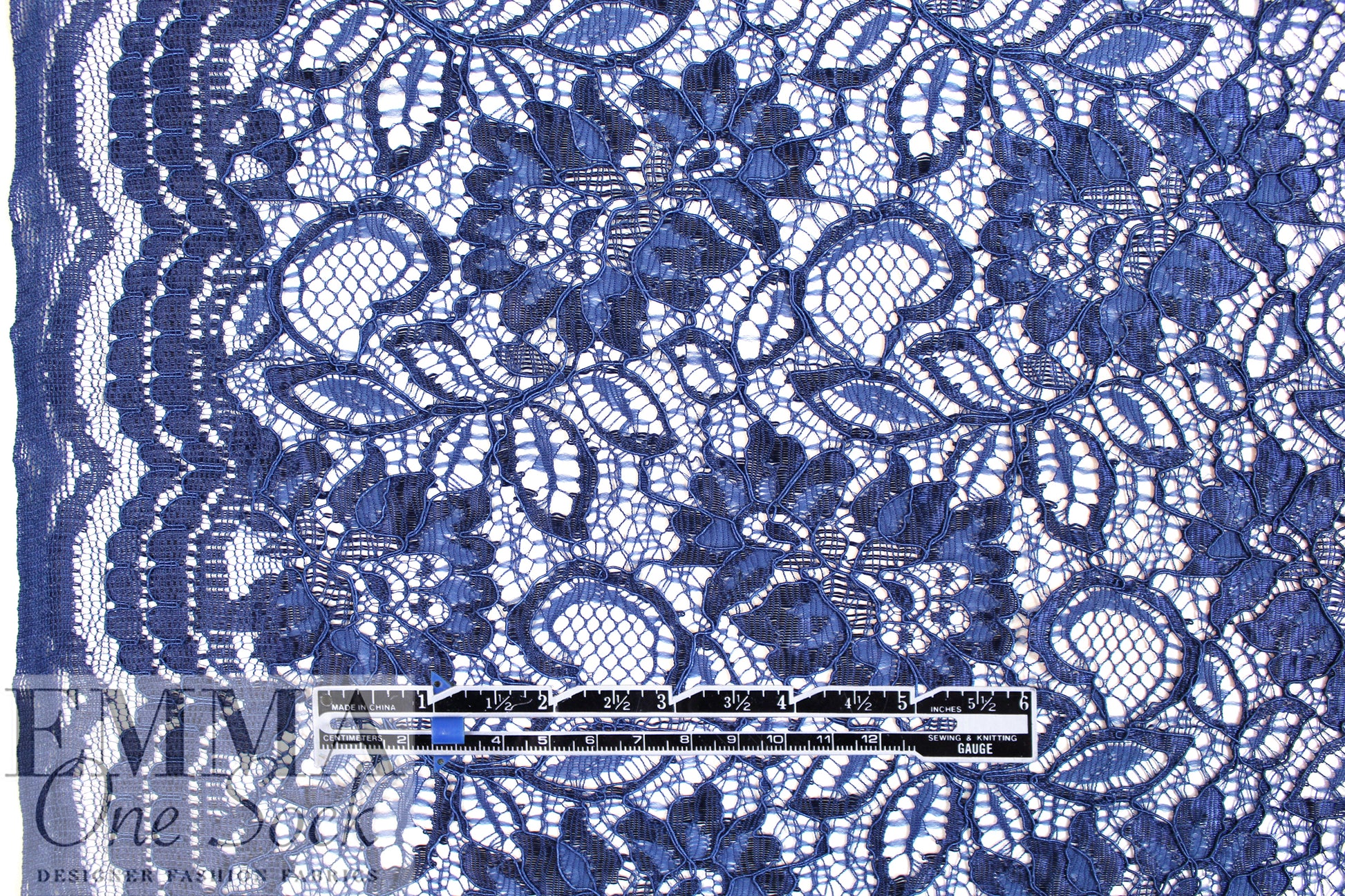 CA designer scallop border corded lace - marine blue 1.375 yd