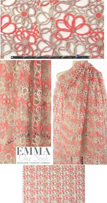 Tah@ri guipure floral lace - coral/sand