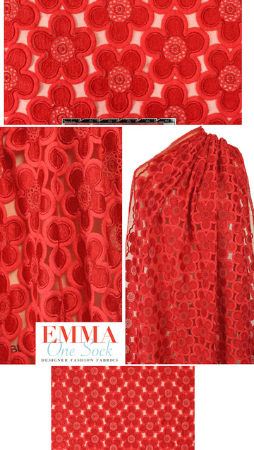 CA designer embroidered mesh lace - geranium