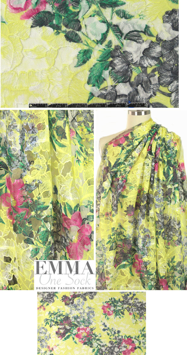 Tah@ri printed, embroidered mesh - lemon/pink 1.625 yd