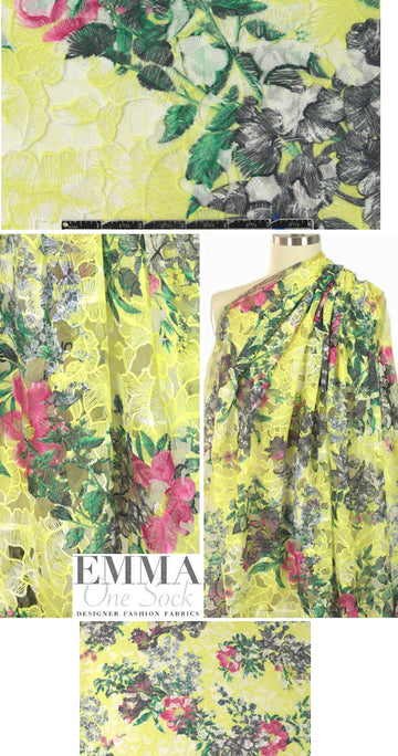 Tah@ri printed, embroidered mesh - lemon/pink 1.625 yds