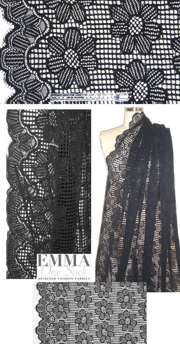 NY designer black reembroidered floral lace .875 yds